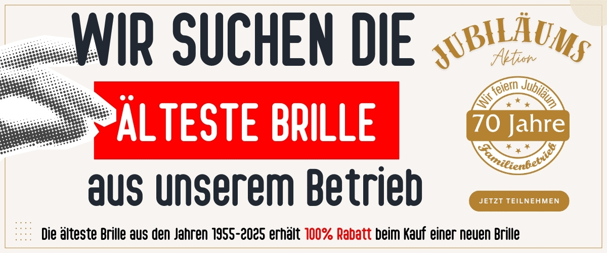 Wir suchen im September 2025 die älteste Brille oder den ältesten Auftrag von Augenoptik Aßmus/Brunner/Piontek in Lübben oder Lübbenau.
Wenn Ihr noch einen Kassenzettel, eine Rechnung oder einen Eintrag im SV-Buch aus der Zeit von 1955 bis heute habt, bringt uns alles vorbei, mailt uns oder schickt uns eine WhatsApp.
Die älteste Brille bzw. der älteste Auftrag bekommt seine neue Brille kostenlos.n